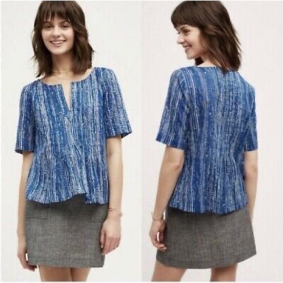 Maeve Anthropologie Short Sleeve Orchid Island Blue Split Neck Pleated Top Sz 2 - Picture 1 of 8